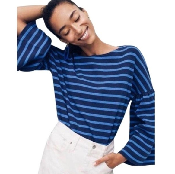 J.Crew Blue Striped Bell Sleeve Cropped Sweater - Picture 2 of 8